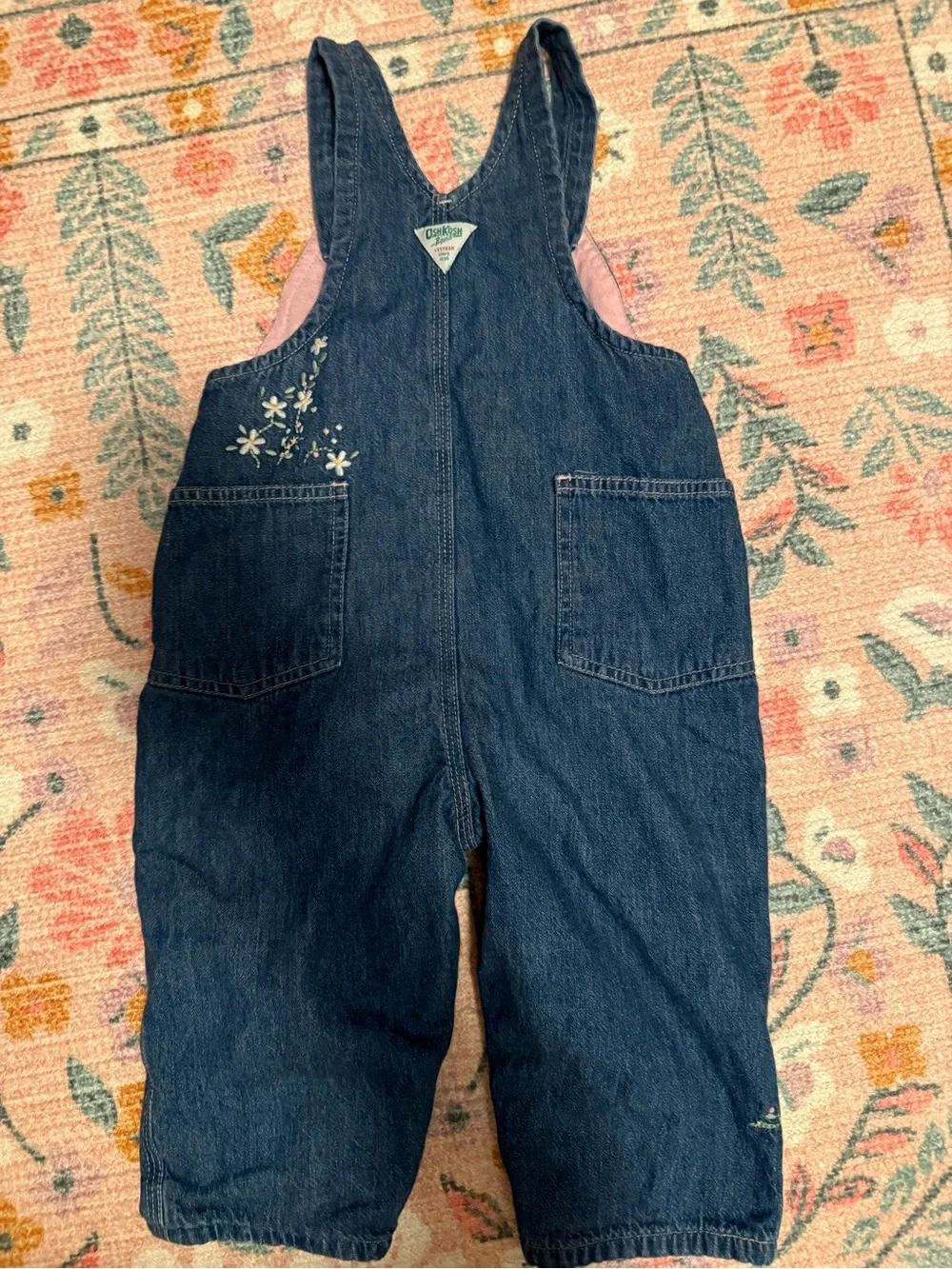 Vintage OshKosh B'gosh Navy Denim Overalls with Tiny Floral Embroidery